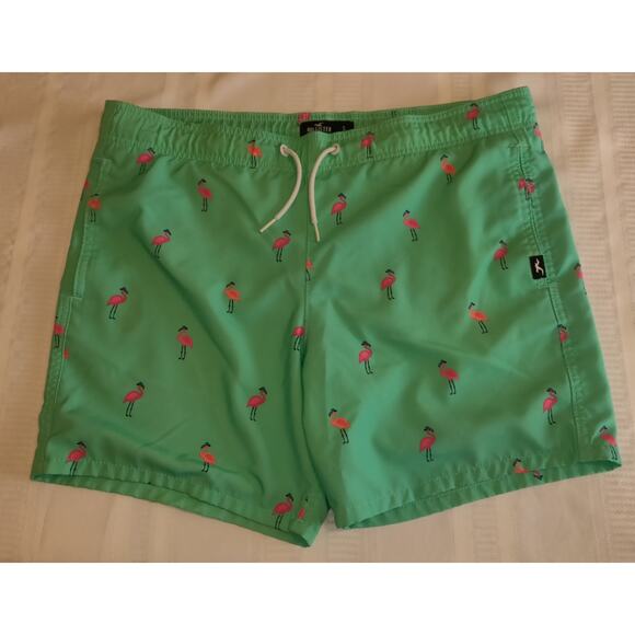 Hollister Mens Swim Trunks Sz S Green Pink Flamingos Lined Swimwear Shorts SMALL - Picture 1 of 16